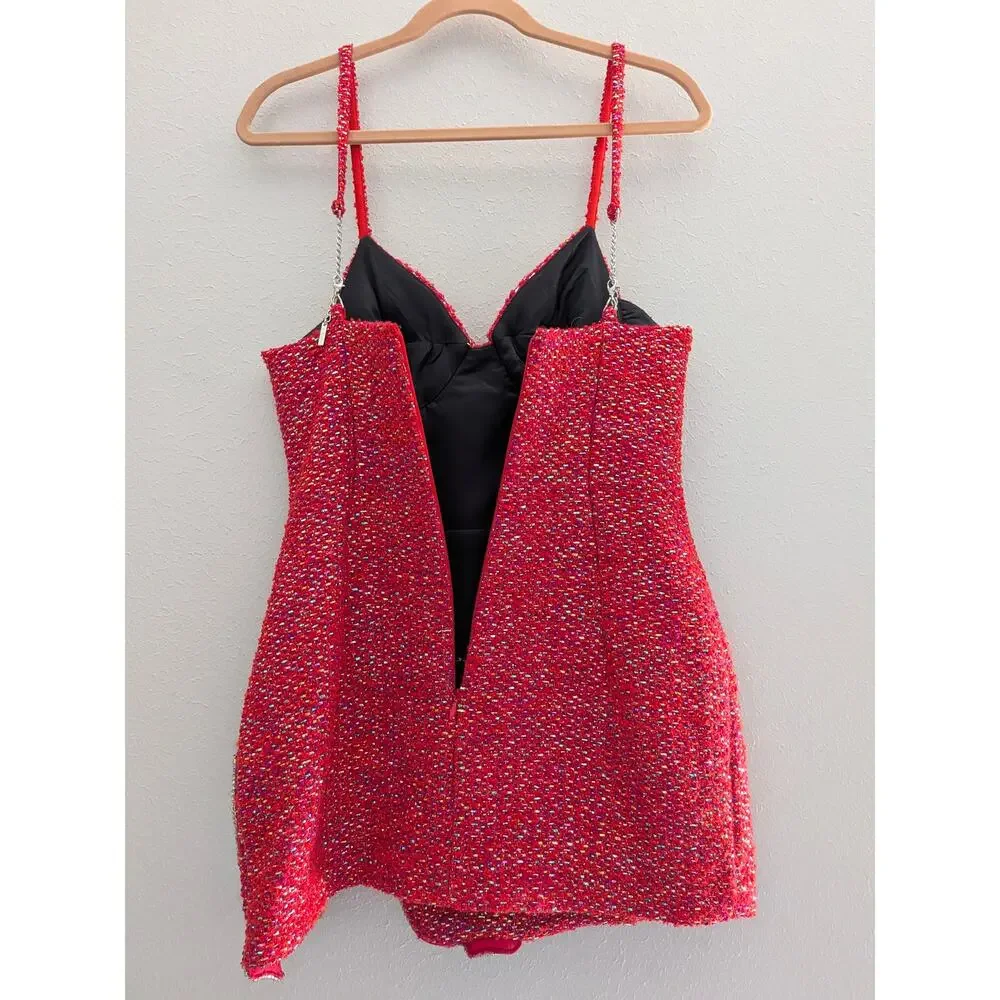 Area Crystal Bow Mini Dress Red Metallic Tweed Size 8 Cocktail Dress $1,595 - Picture 6 of 10